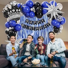 Birthday Decorations for Men with Black Metallic Silver Navy Blue Balloons Banne
