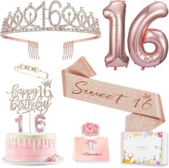 Rose Gold Sweet 16 Decorations: Crown, Sash, Candles & Cake Embellishments