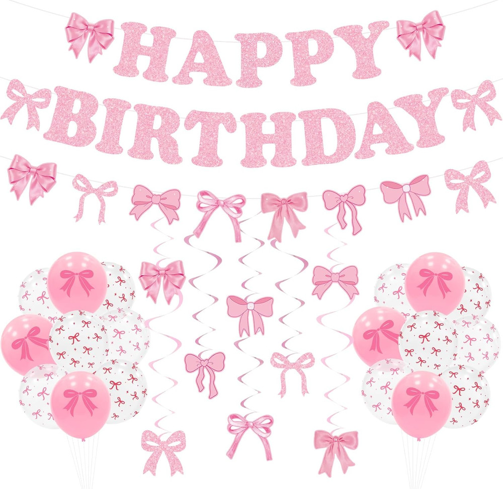 Bow Birthday Party Decorations, Pre-Strung Pink Bow Happy Birthday Banner, Cute