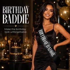 GLITZJOY Birthday Sash, BIRTHDAY BADDIE Sash Black 160cm, & Silver