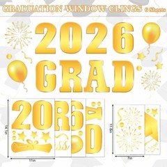 6 Sheet Class of 2026 Graduation Window Clings Gold Foil Congrats Grad Reusable