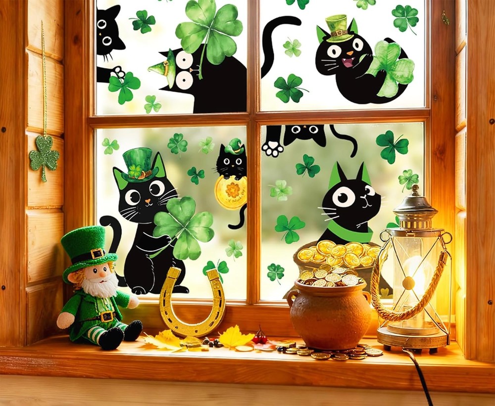 6 Sheets St. Patrick’ s Day Window Clings Window Decal Black Cat Green Shamrock