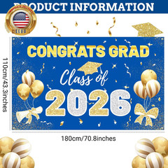 2026 Graduation Backdrop – 70.8″X43.3″ Blue Gold Congrats Grad Banner Class of 2