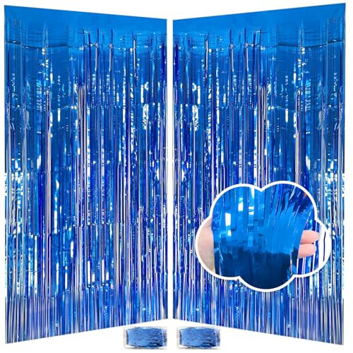 Blue Streamers Party Decorations 3.3×8.2ft, 2 Pack Dark Blue Tinsel Backdrop