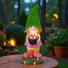 Solar Powered Resin Gnome Girl Statue Garden Ornament with Light Effect