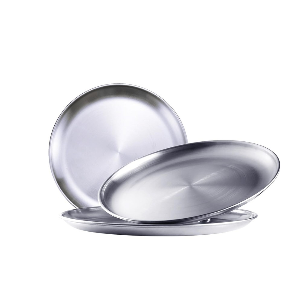 ICSTM Stainless Steel Plates,3Pcs 8Inch Dinner Dishes 8 inches, 3pcs Silver