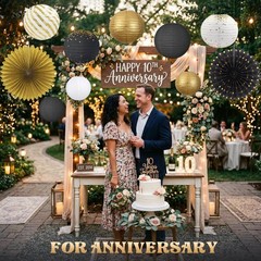 Black and Gold Party Decorations Set with Hanging Paper Lanterns Fans for Gra…