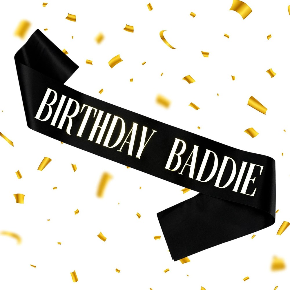 GLITZJOY Birthday Sash, BIRTHDAY BADDIE Sash Black 160cm, & Silver