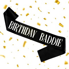 GLITZJOY Birthday Sash, BIRTHDAY BADDIE Sash Black 160cm, & Silver