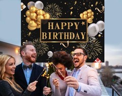 7x5ft Happy Birthday Backdrop Banner, Birthday Party Decor,Black Gold Poster Pho