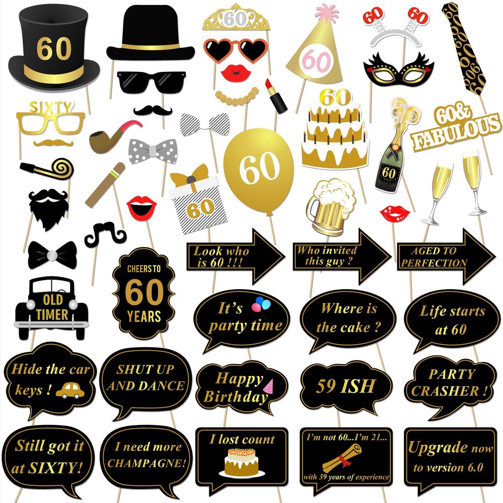 60th Birthday Party Photo Booth Props 51Count for Her Him 60th Birthday Gold …