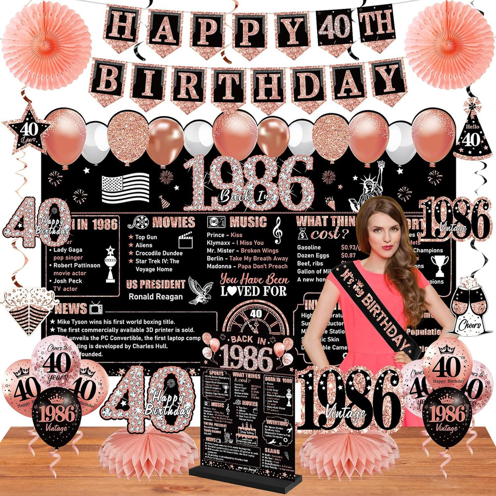 40Th Birthday Decorations for Women, 25PCS Black Rose Gold Happy 40Th Birthday B