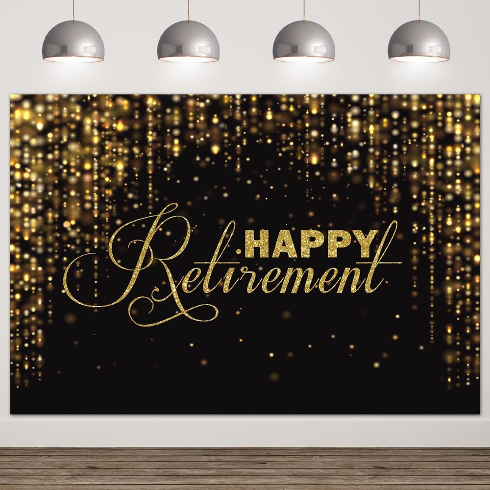 8x6ft Happy Retirement Backdrop – Black & Gold Photo Background for Party Decor