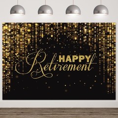 8x6ft Happy Retirement Backdrop – Black & Gold Photo Background for Party Decor
