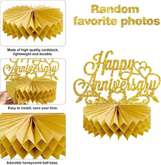 8Pcs Gold Happy Wedding Anniversary Decorations Honeycomb Centerpiece, Gold Glit