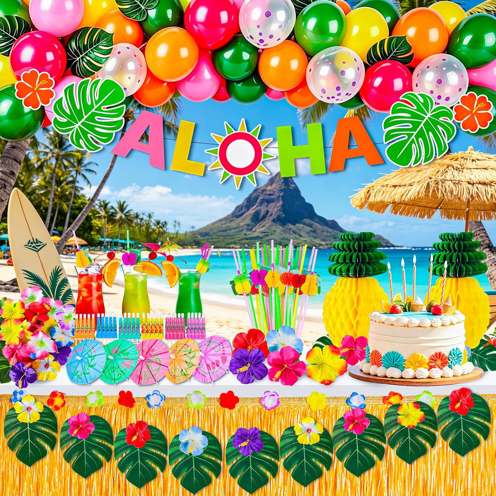 200 Pcs Aloha Luau Party Decorations Set, Hawaiian Tropical Summer Beach Party S
