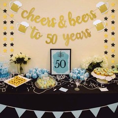 Cheers & Beers to 50 Years Gold Glitter Banner – 50th 3 Piece Set,