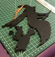 Large halloween Hanging Black Witch & Cat. Laser Cut Painted Plywood & Ribbon.