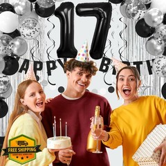 Ashmole 17th Birthday Banner Balloons Arch Kit Black Silvery