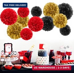 Red-Black Gold Party-Decorations Tissue Pom-Poms – 12pcs Game Night Casino-Theme