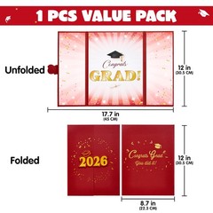 2026 Graduation Guestbook Alternative(Red & Gold), 12″ Class of 2026 Grad Card..