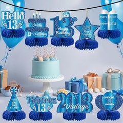 9-Pcs Blue Silver 13th Birthday Honeycomb Centerpieces – Perfect for Teens
