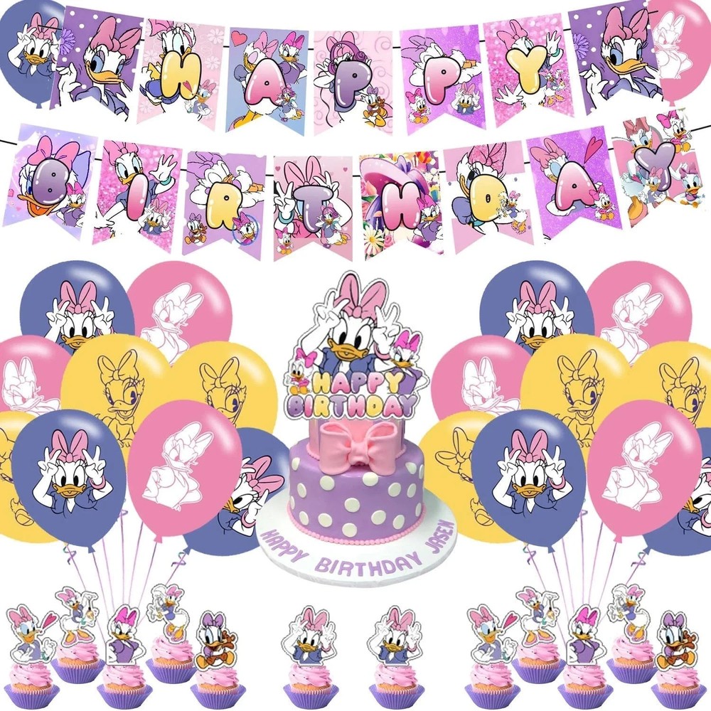 Daisy Duck Party Decoration Set – Movie Theme Banner, Cake Topper, Latex Balloon