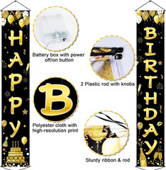 Black Gold Happy Birthday Banner with LED Lights Party Porch Door Decorations