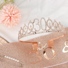 30th Birthday Crown Tiara & Rose Gold Sash Set with Pearl Pin – Glam Party Decor
