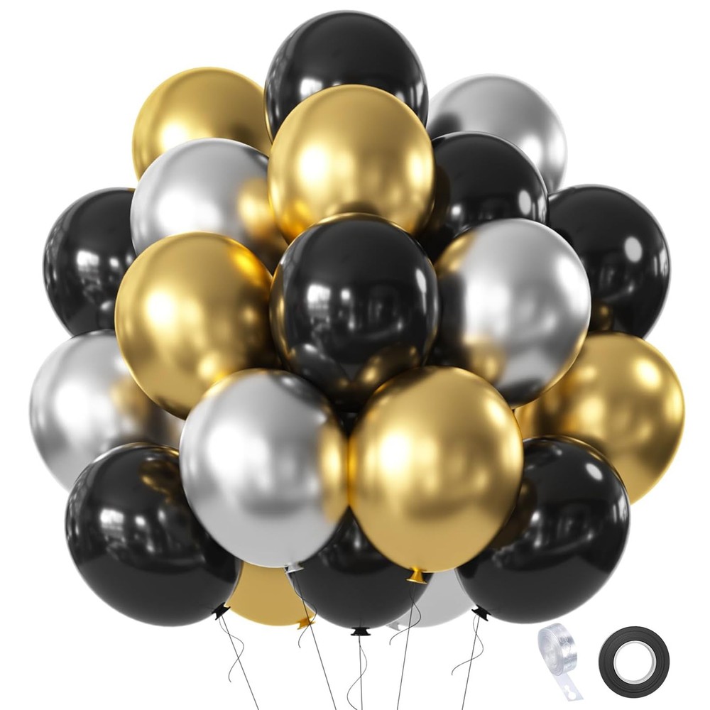 Black Gold Silver Balloons Set 60 Pcs 12 Inch Metallic Chrome Gold Silver Ba
