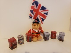 Kings Royal Coronation Bundle: 15cm Beefeater Plush Bear, British Tea Tin & Flag