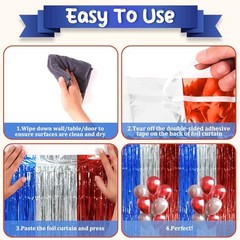 2 Pack Blue Red Silver Foil Fringe Backdrop Curtains, 49 Blue Red and Silver