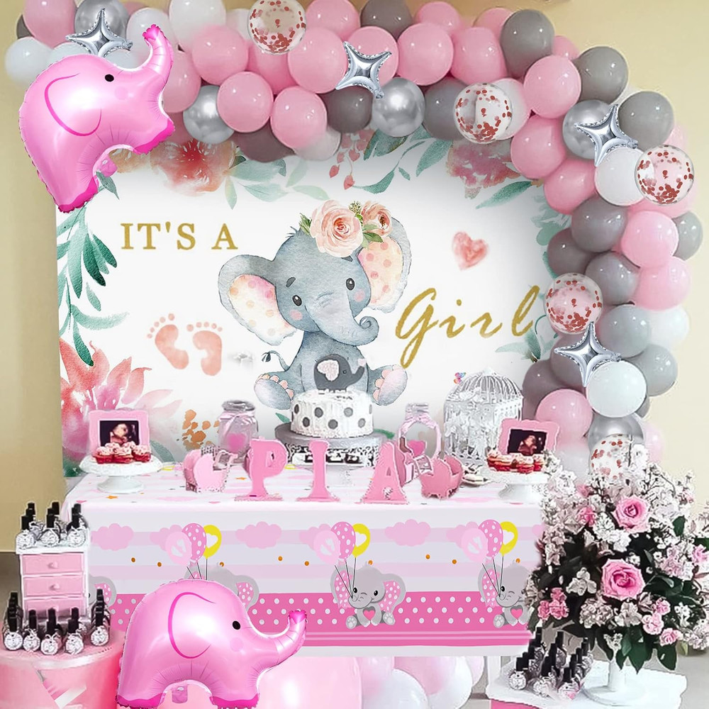Girl’s Baby Shower Decoration set – Backdrop, Tablecloth and Balloons – Pink