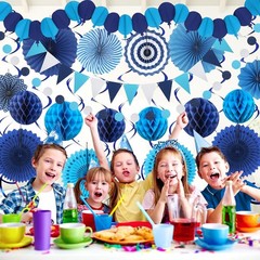 Blue Party Decorations, Easy Assembly Paper Fan Honeycomb Ball Garland Hangin…
