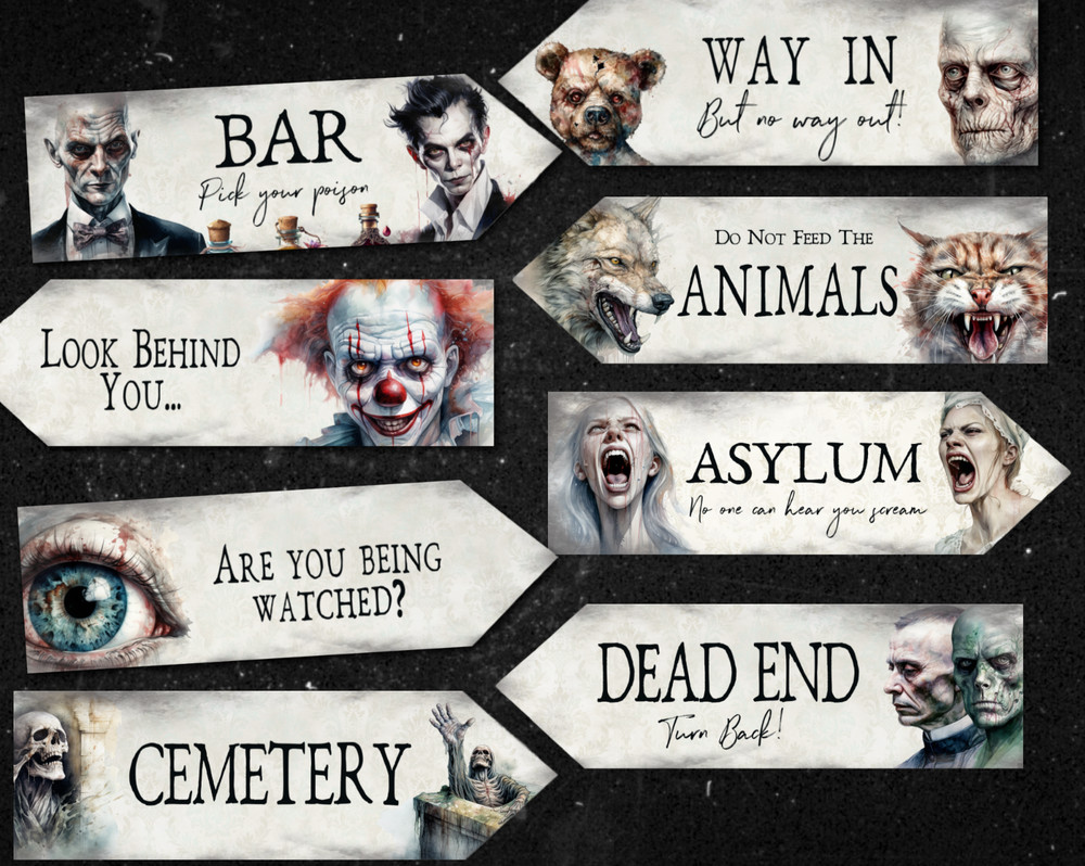 8 Halloween Scary Fantasy Art Watercolour Horror Party Decoration Arrow Signs