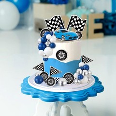 42Pcs Black Blue Race Car Balls Cake Decorations Check Flag with Multicolor B…