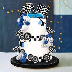 42Pcs Black Blue Race Car Balls Cake Decorations Check Flag with Multicolor B…