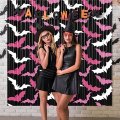 2 PCS 3.3×6.6 Ft Pink Bat Halloween Metallic Foil Fringe Curtain Party Prop