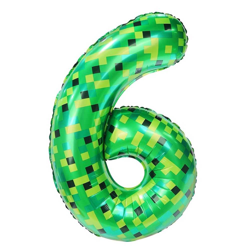 40in Pixel Giant Number 6 Balloon Decorations, Miner Theme Green Foil Balloon…