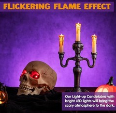 NEW! Realistic 14″ Skull Candelabra Flickering Lights Halloween Gothic Candle