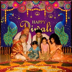 Extra Large Happy Diwali Banner 72″ x 48″ India Festival of Lights Peacock