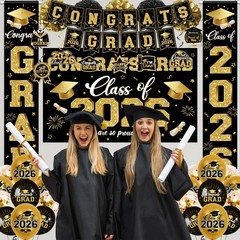 2026 Graduation Decorations – Black Gold Congrats Grad Party Supplies