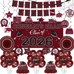 Maroon Graduation Decorations Set 2026 – Congrats Grad Banner, Backdrop, Balloon