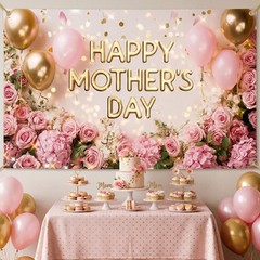 Mother Day Backdrop Banner Pink Flowers Balloon Happy Mothers Day Decorations Ba