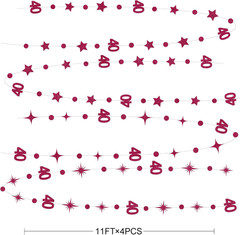 Burgundy 40Th Birthday Decorations Number 40 Circle Dot Star Garland Glitter Str