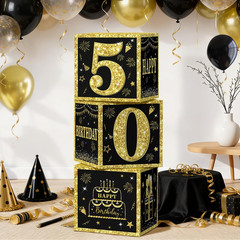 50Th Birthday Decorations for Men, Black Gold Happy 50Th Birthday Balloon Boxes,