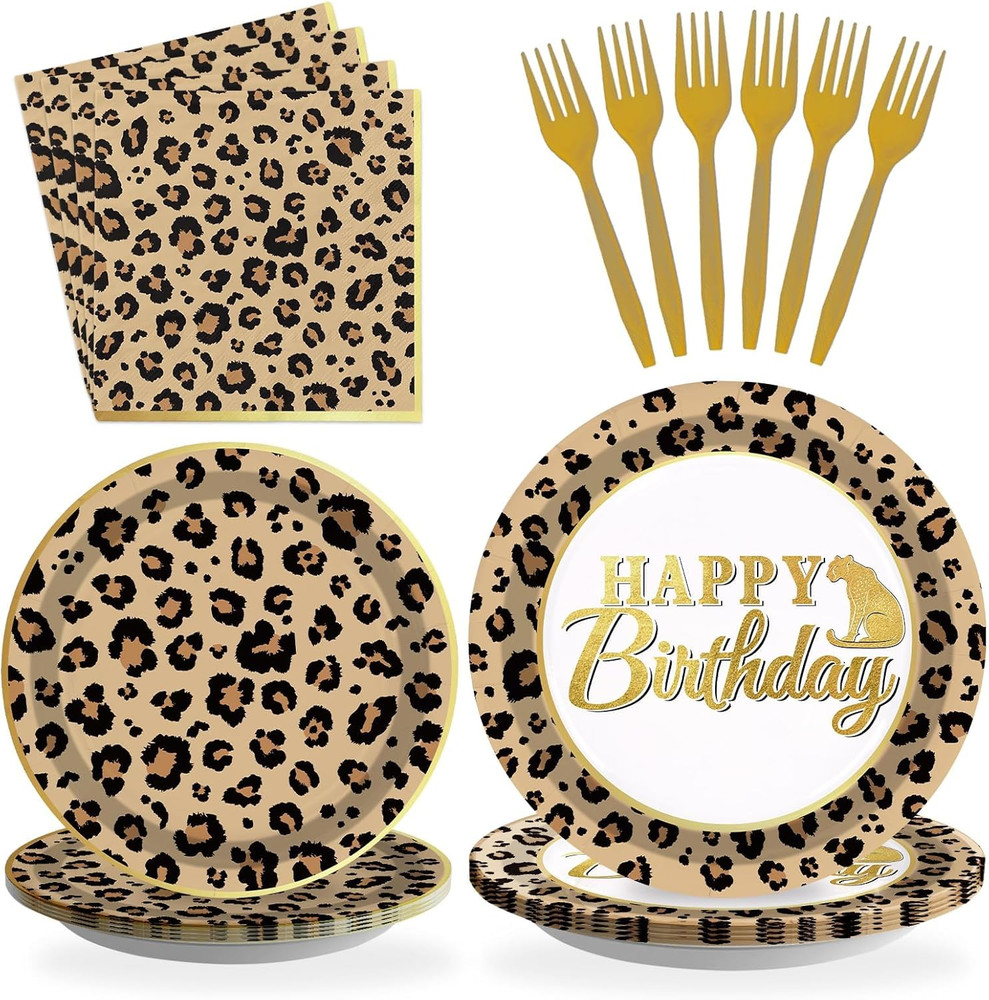 Cheetah Print Birthday Party Supplies – 96 Pcs for 24 Guests