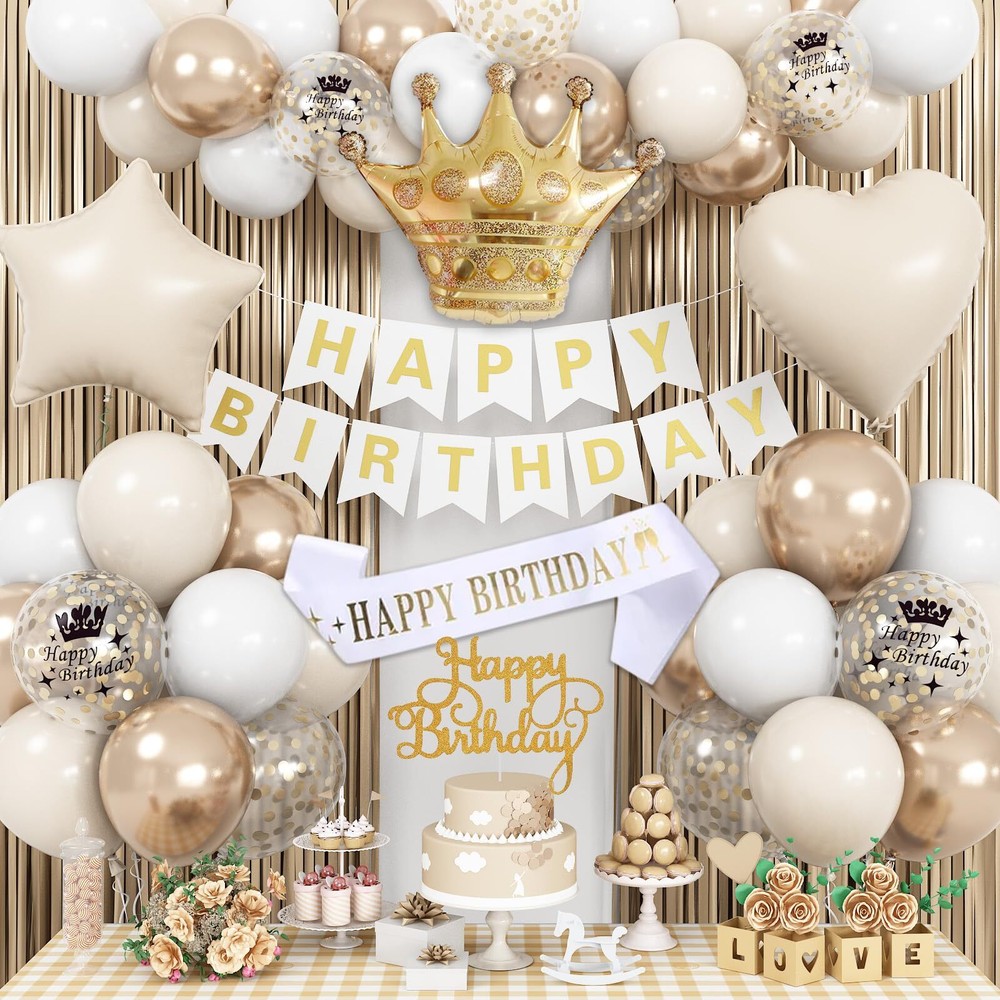 White & Gold Birthday Decor – Cream Champagne Gold Balloons, Banner, Foil