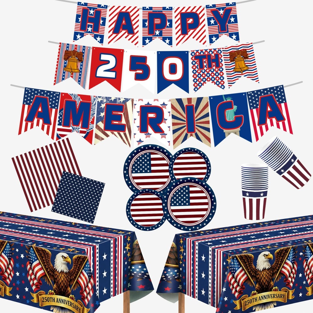 250th Anniversary Decorations- Serve 24 – Patriotic Plates Tablecloth Napkins Cu