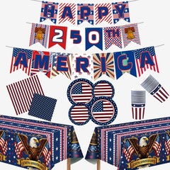 250th Anniversary Decorations- Serve 24 – Patriotic Plates Tablecloth Napkins Cu